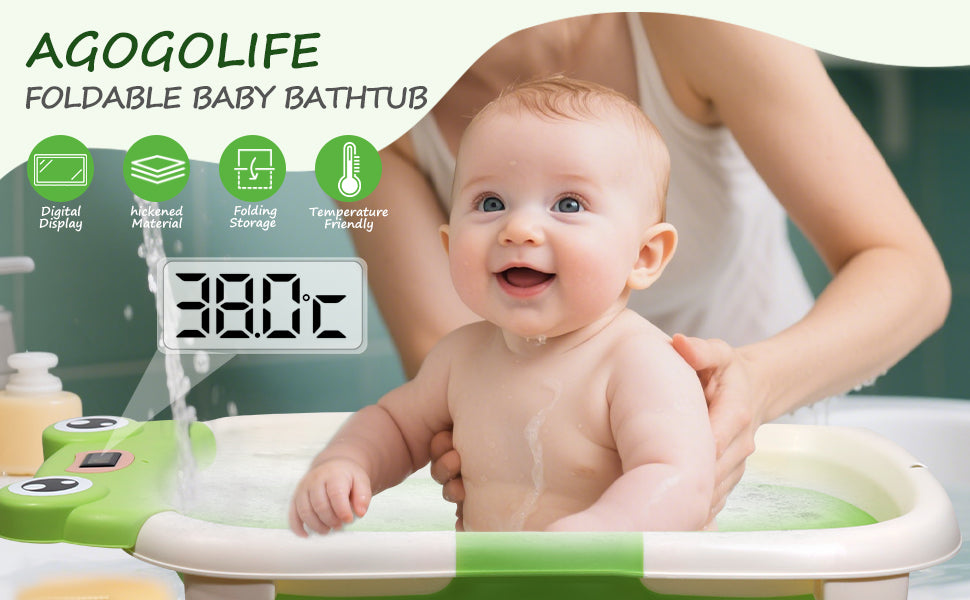 AGOGOLIFE Foldable Baby Bathtub with Thermometer – Green Frog Design, Suspension Cushion for 0–24 Months, Space-Saving, Anti-Slip & Portable Baby Bath Tub