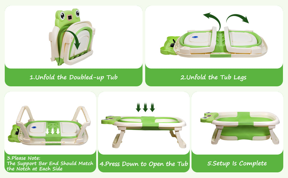 AGOGOLIFE Foldable Baby Bathtub with Thermometer – Green Frog Design, Suspension Cushion for 0–24 Months, Space-Saving, Anti-Slip & Portable Baby Bath Tub