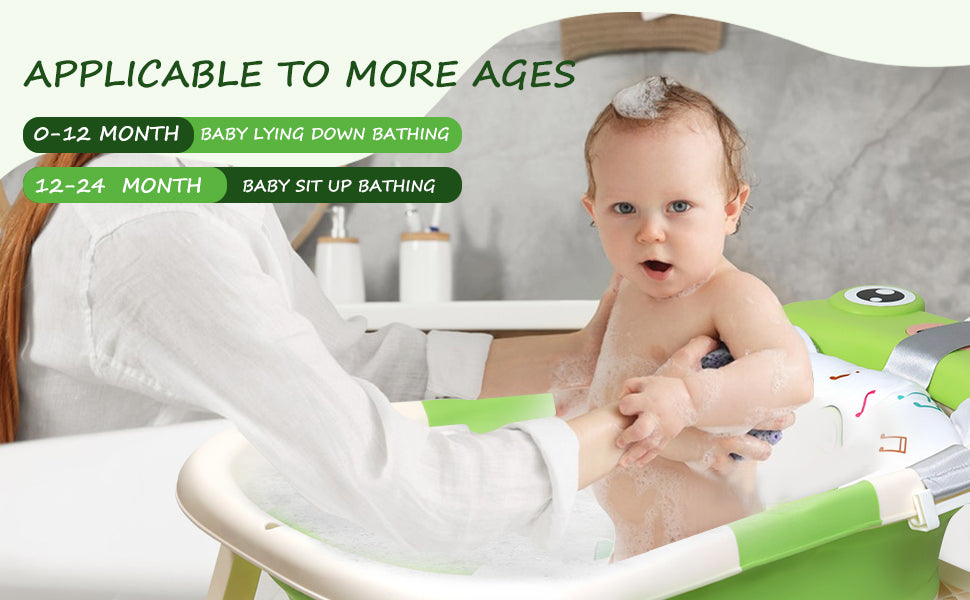 AGOGOLIFE Foldable Baby Bathtub with Thermometer – Green Frog Design, Suspension Cushion for 0–24 Months, Space-Saving, Anti-Slip & Portable Baby Bath Tub
