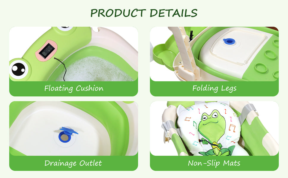 AGOGOLIFE Foldable Baby Bathtub with Thermometer – Green Frog Design, Suspension Cushion for 0–24 Months, Space-Saving, Anti-Slip & Portable Baby Bath Tub