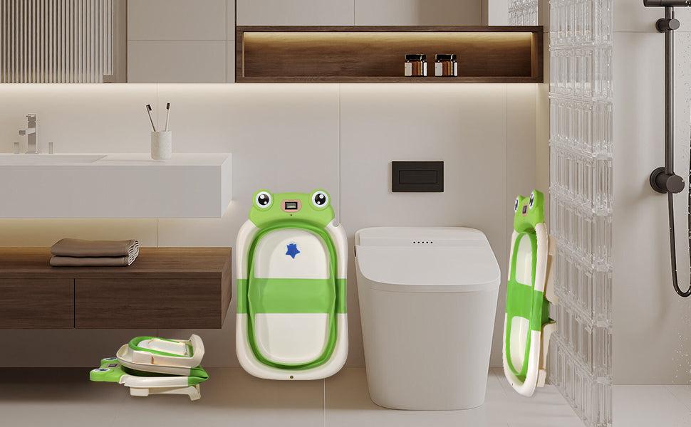 AGOGOLIFE Foldable Baby Bathtub with Thermometer – Green Frog Design, Suspension Cushion for 0–24 Months, Space-Saving, Anti-Slip & Portable Baby Bath Tub