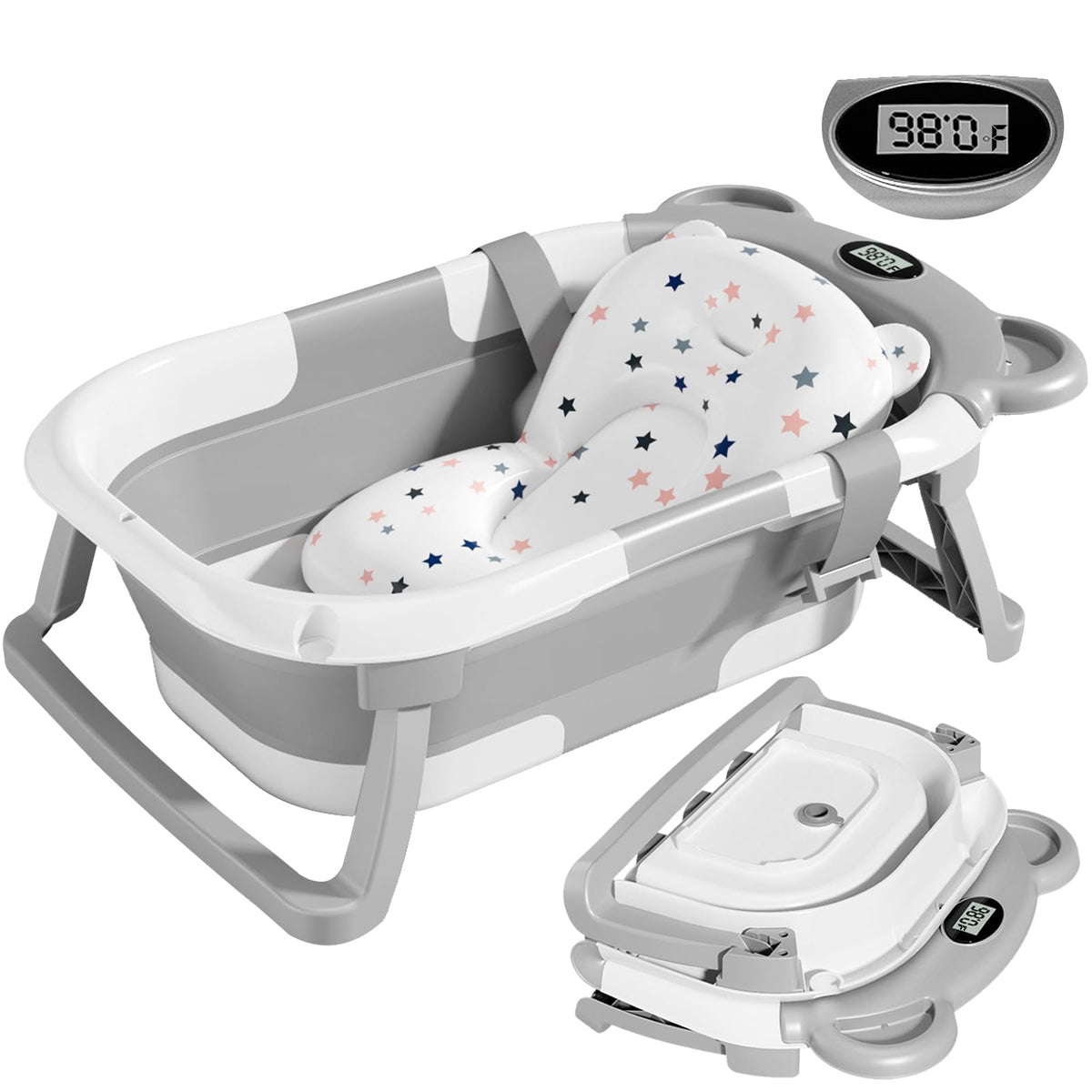Collapsible Baby Bathtub for Infants to Toddler with Real-time Temp Monitor+Floating Cushion,Foldable Baby Bath Tub Set Applicable 0-36 Month,Perfect Portable Travel Baby Tub for Newborns Boy