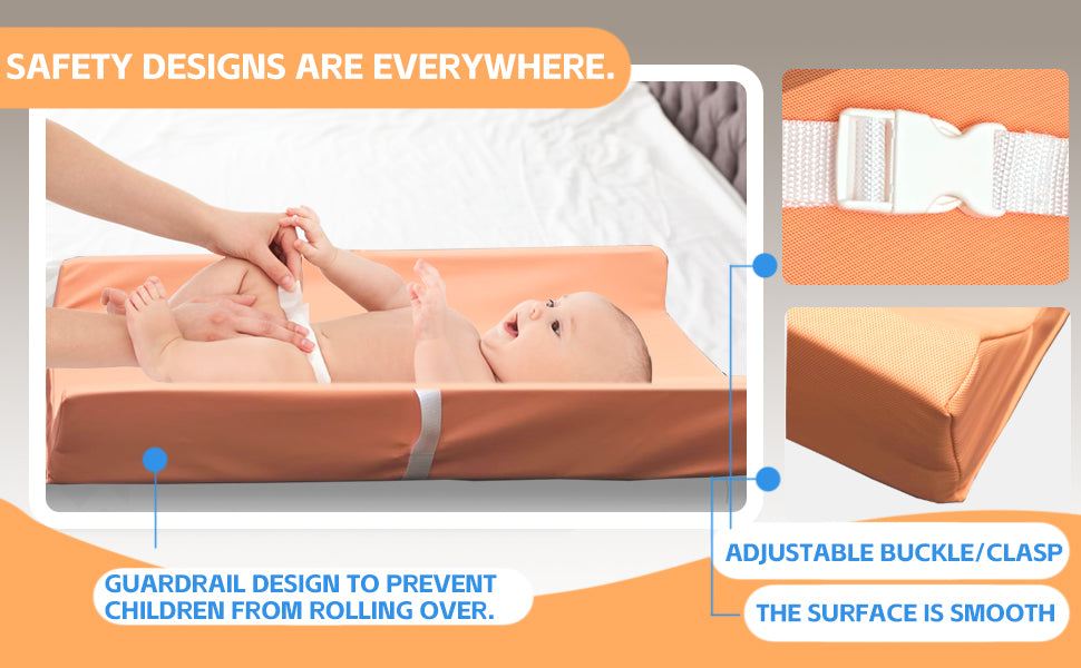 AGOGOLIFE BABY Changing Pad – Waterproof PU Leather, Soft Cushioned Mat with Safety Strap for Comfortable Nappy Changes-ORANGE
