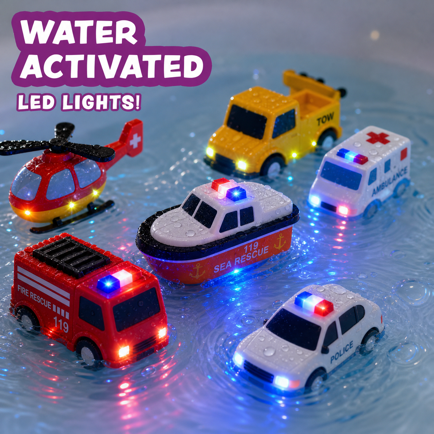 AGOGOLIFE 6-Pack Light-Up Bath Toys for Toddlers – Water-Activated Floating Vehicle Toys, Fully Sealed Hole-Free Soft Bath Toys with Colour-Changing Lights