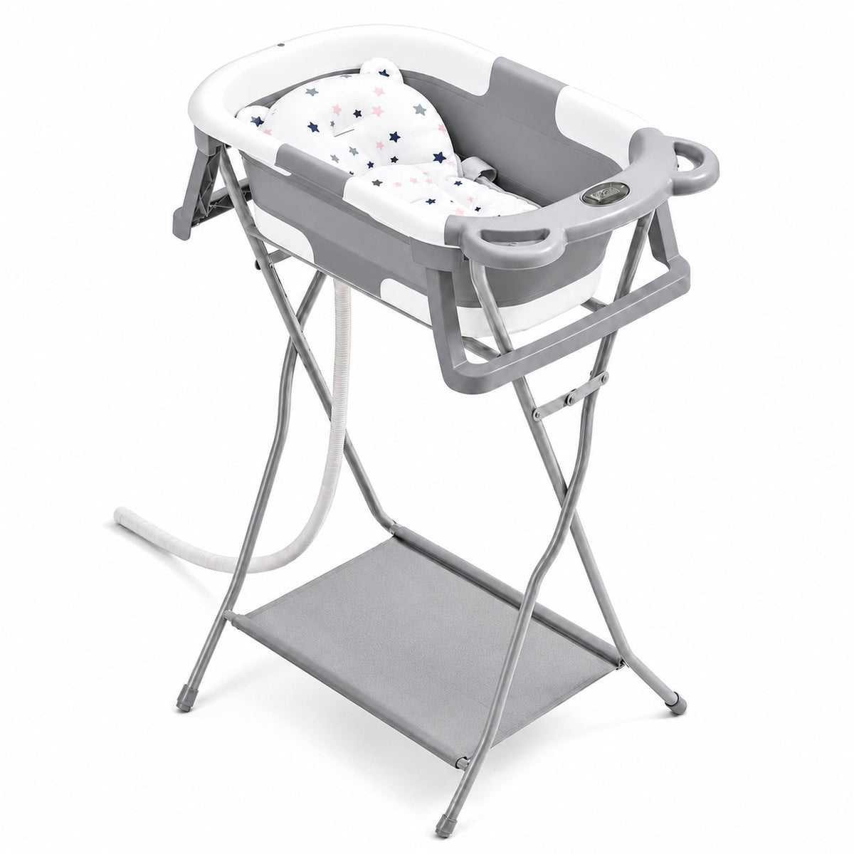 AGOGOLIFE grey foldable baby bath with elevated stand, bath cushion and digital thermometer