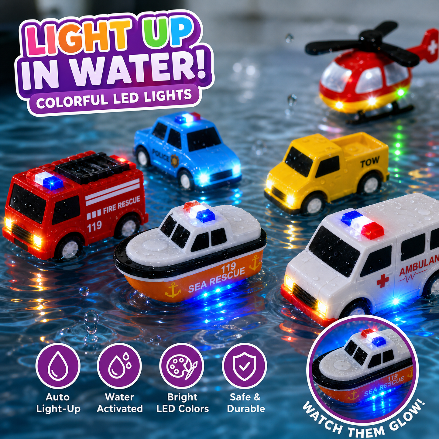 AGOGOLIFE 6-Pack Light-Up Bath Toys for Toddlers – Water-Activated Floating Vehicle Toys, Fully Sealed Hole-Free Soft Bath Toys with Colour-Changing Lights