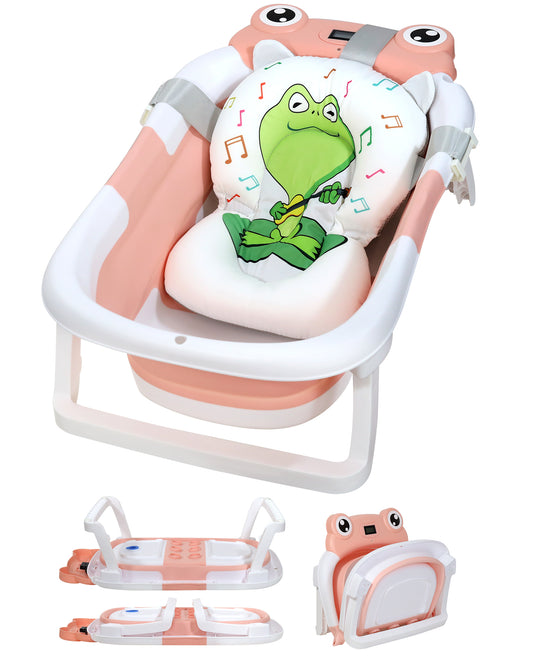 AGOGOLIFE Foldable Baby Bathtub with Thermometer – Pink Frog Design, Suspension Cushion for 0–24 Months, Space-Saving, Anti-Slip & Portable Baby Bath Tub