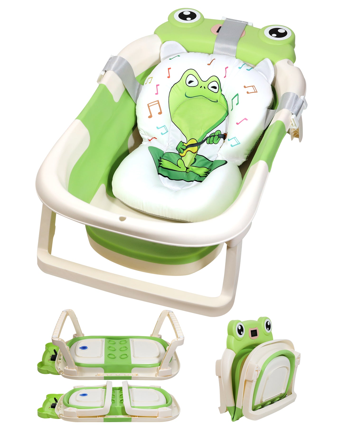 AGOGOLIFE Foldable Baby Bathtub with Thermometer – Green Frog Design, Suspension Cushion for 0–24 Months, Space-Saving, Anti-Slip & Portable Baby Bath Tub