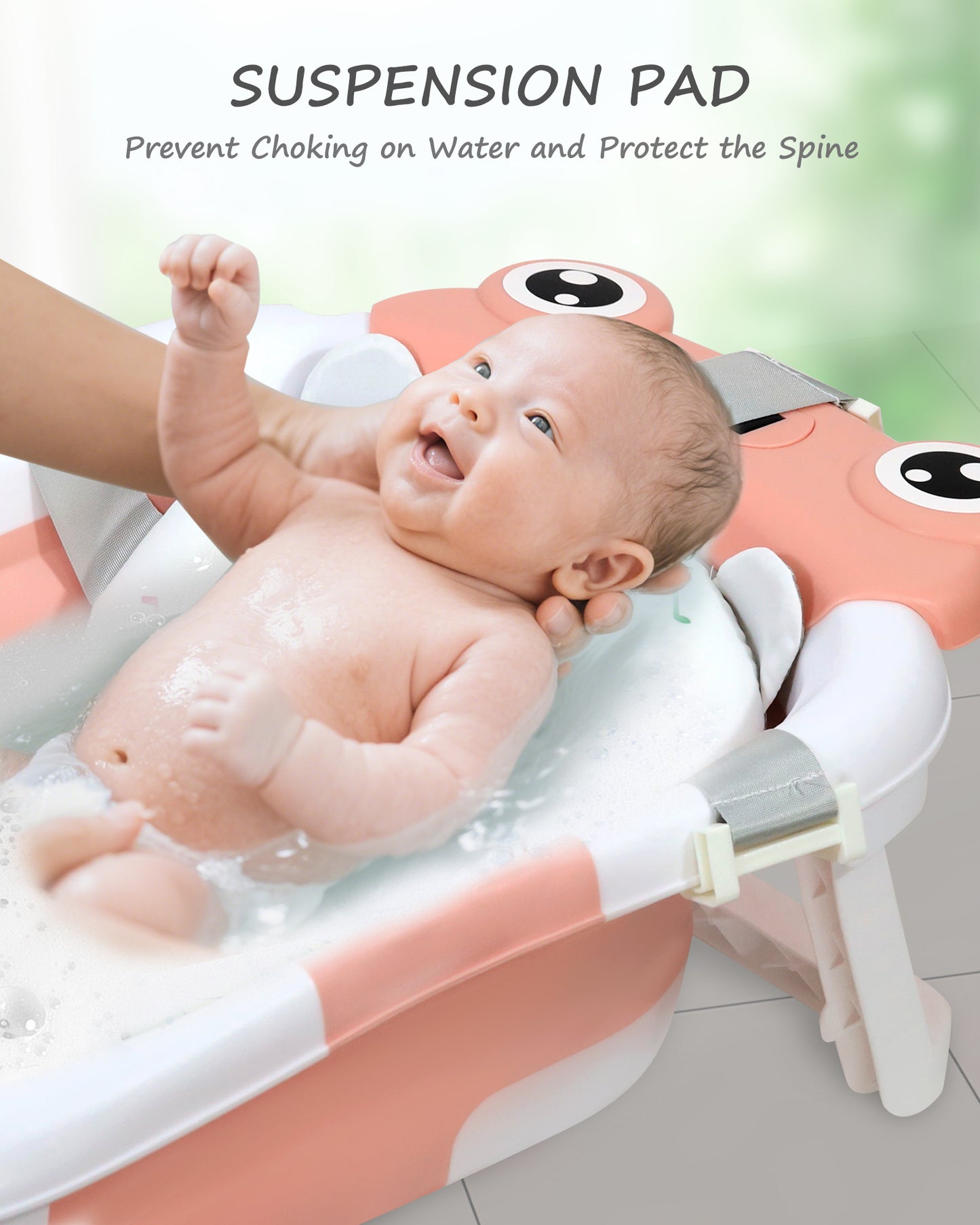 AGOGOLIFE Foldable Baby Bathtub with Thermometer – Pink Frog Design, Suspension Cushion for 0–24 Months, Space-Saving, Anti-Slip & Portable Baby Bath Tub