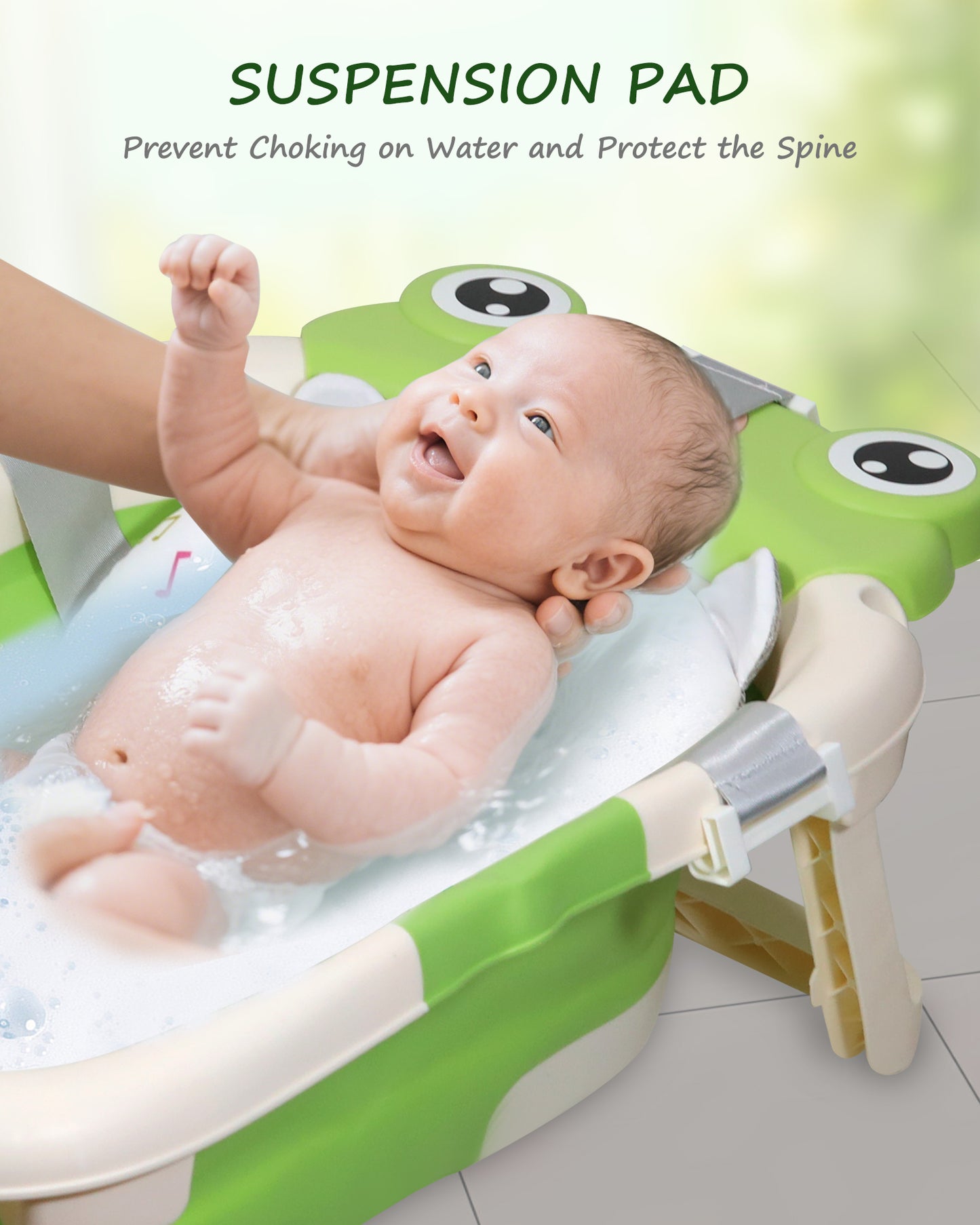 AGOGOLIFE Foldable Baby Bathtub with Thermometer – Green Frog Design, Suspension Cushion for 0–24 Months, Space-Saving, Anti-Slip & Portable Baby Bath Tub