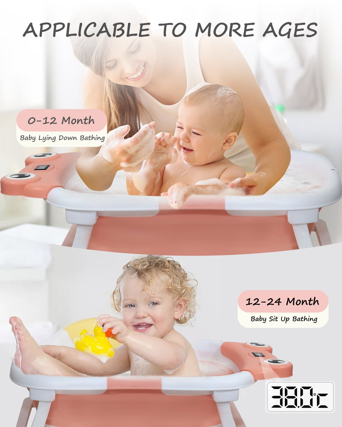AGOGOLIFE Foldable Baby Bathtub with Thermometer – Pink Frog Design, Suspension Cushion for 0–24 Months, Space-Saving, Anti-Slip & Portable Baby Bath Tub