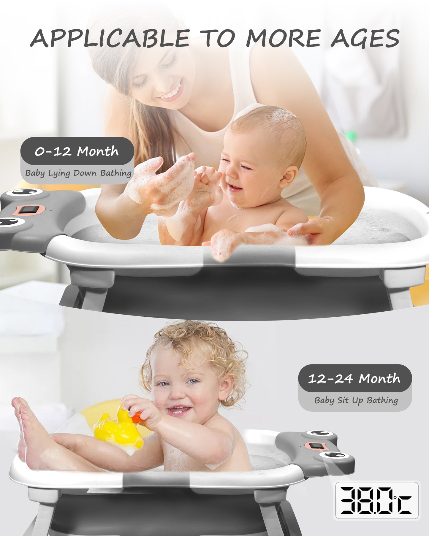 AGOGOLIFE Foldable Baby Bathtub with Thermometer – Grey Frog Design, Suspension Cushion for 0–24 Months, Space-Saving, Anti-Slip & Portable Baby Bath Tub (Copy)