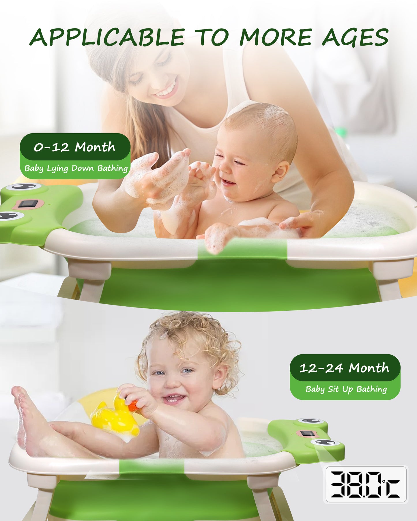 AGOGOLIFE Foldable Baby Bathtub with Thermometer – Green Frog Design, Suspension Cushion for 0–24 Months, Space-Saving, Anti-Slip & Portable Baby Bath Tub