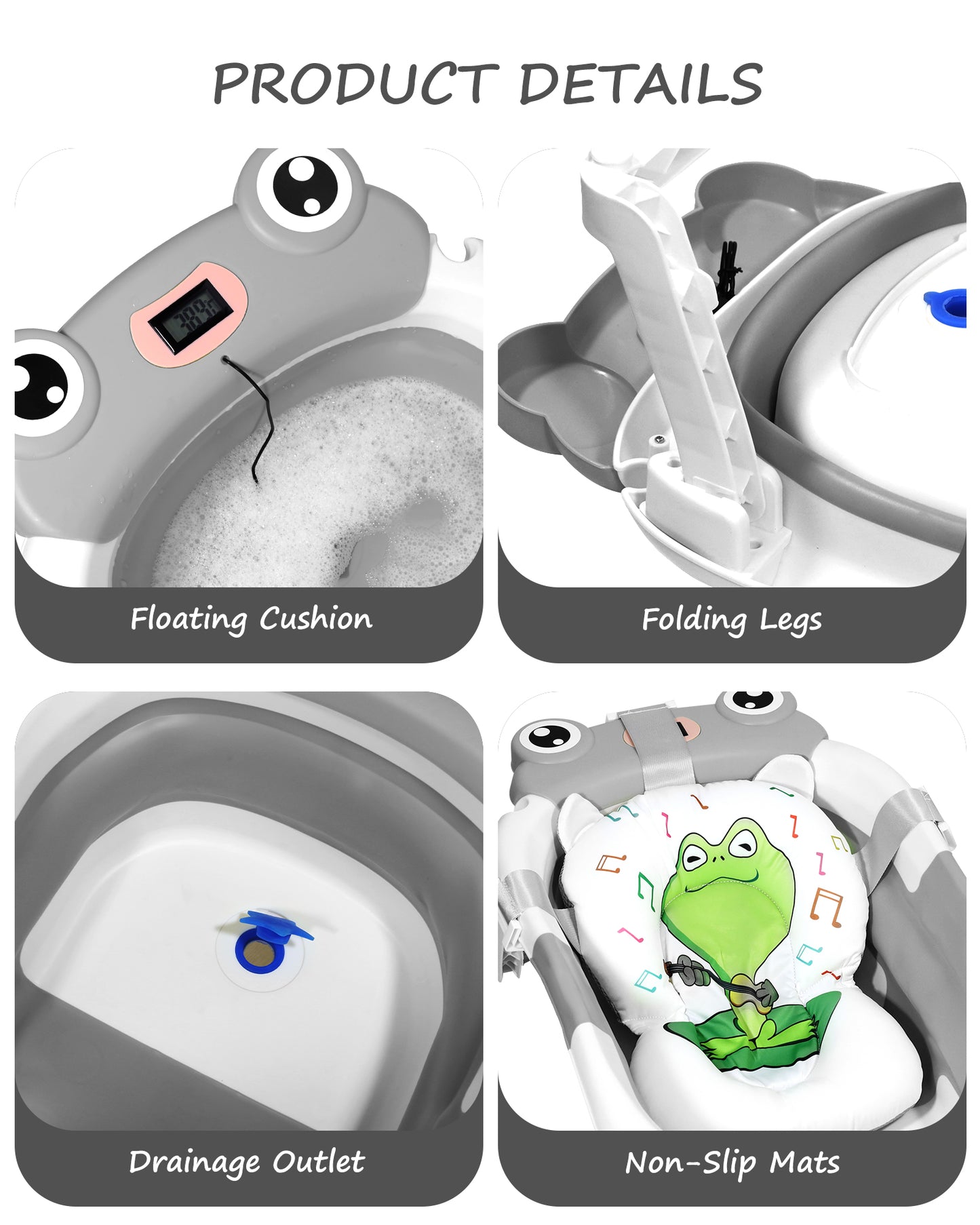 AGOGOLIFE Foldable Baby Bathtub with Thermometer – Grey Frog Design, Suspension Cushion for 0–24 Months, Space-Saving, Anti-Slip & Portable Baby Bath Tub (Copy)