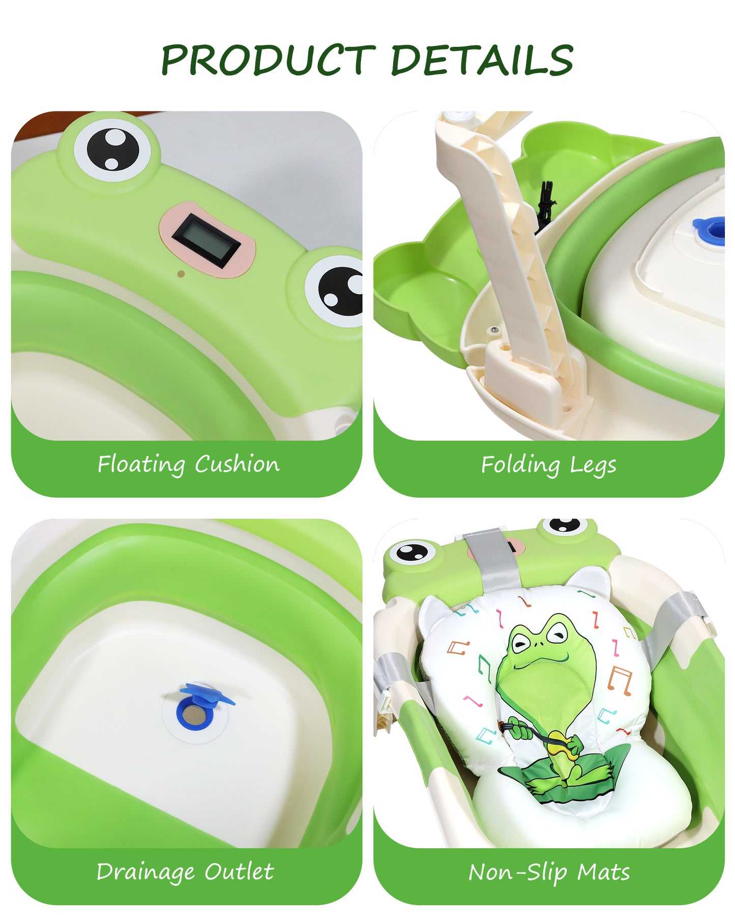 AGOGOLIFE Foldable Baby Bathtub with Thermometer – Green Frog Design, Suspension Cushion for 0–24 Months, Space-Saving, Anti-Slip & Portable Baby Bath Tub
