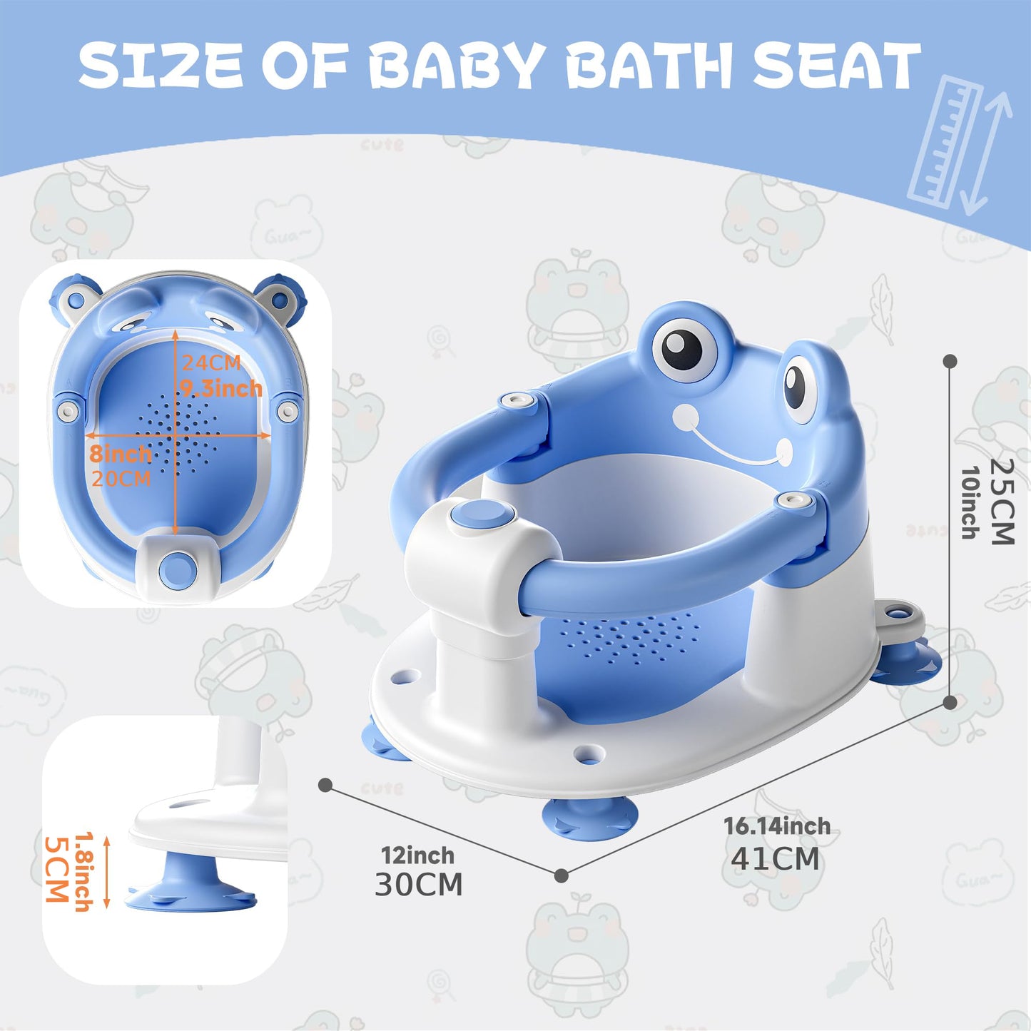 AGOGOLIFE Baby Bath Seat with Safety Lock & Adjustable Handle, Frog Design Infant Tub Chair with Anti-Slip Suction Cups & Soft Cushion – Suitable for Babies 6–18 Months Blue