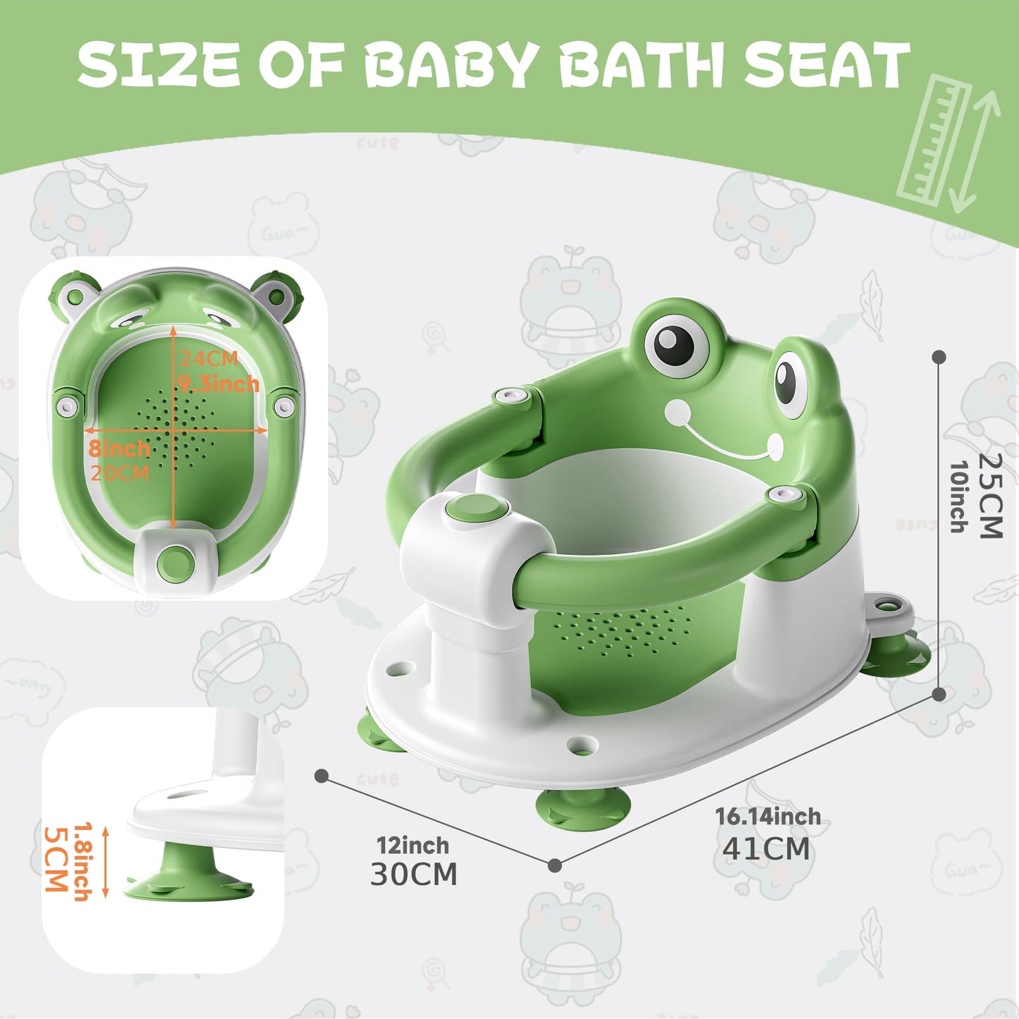 AGOGOLIFE Baby Bath Seat with Safety Lock & Adjustable Handle, Frog Design Infant Tub Chair with Anti-Slip Suction Cups & Soft Cushion – Suitable for Babies 6–18 Months Green
