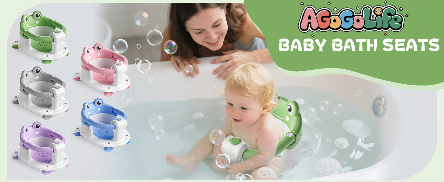 AGOGOLIFE Baby Bath Seat with Safety Lock & Adjustable Handle, Frog Design Infant Tub Chair with Anti-Slip Suction Cups & Soft Cushion – Suitable for Babies 6–18 Months Green