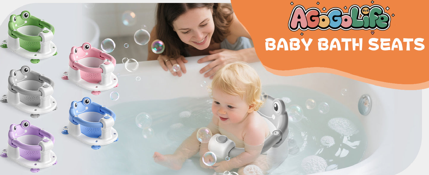 AGOGOLIFE Baby Bath Seat with Safety Lock & Adjustable Handle, Frog Design Infant Tub Chair with Anti-Slip Suction Cups & Soft Cushion – Suitable for Babies 6–18 Months Grey