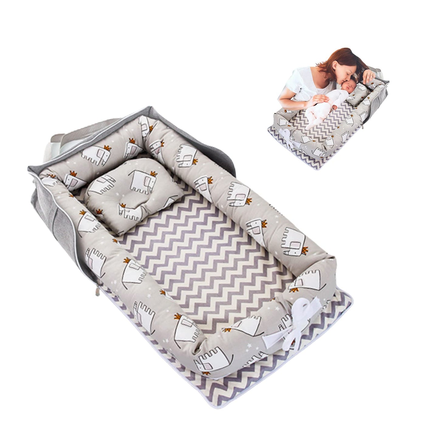 AGOGOLIFE Grey Chicken Chevron Baby Lounger – Portable Infant Nest with Pillow, Travel Bag & Mattress – 100% Cotton, Breathable, Washable