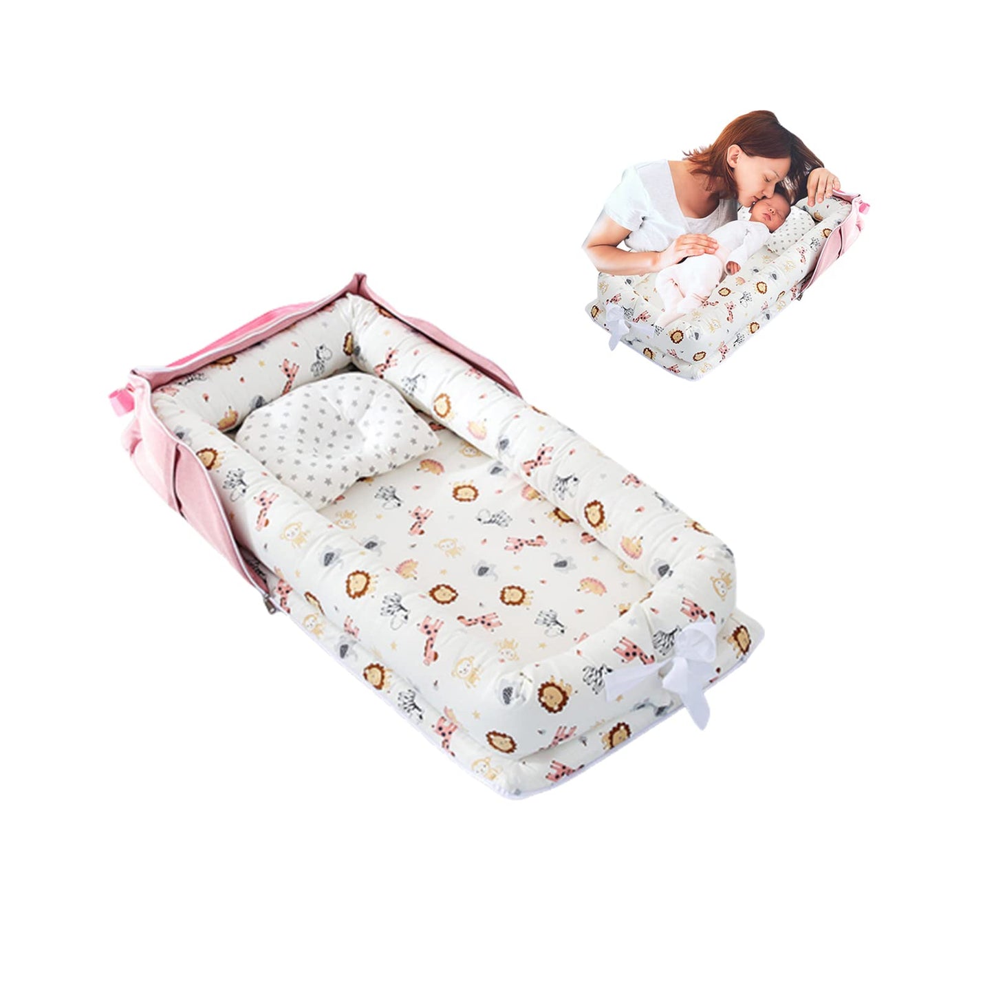 AGOGOLIFE Baby Lounger Nest for Newborn – Pink Safari Portable Infant Sleeper with Pillow, Folding Mattress & Travel Bag – Breathable, Soft Cotton Crib Cushion for 0-12 Months