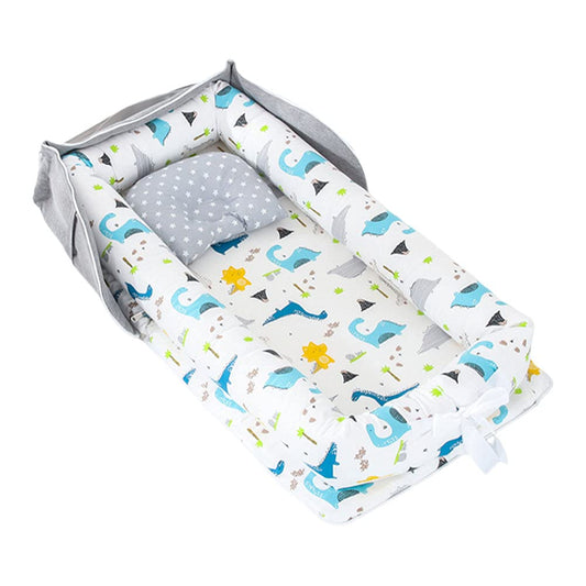 AGOGOLIFE Blue Ocean Baby Lounger – Portable Newborn Nest with Pillow & Foldable Mattress, Soft Cotton Crib for Travel or Home