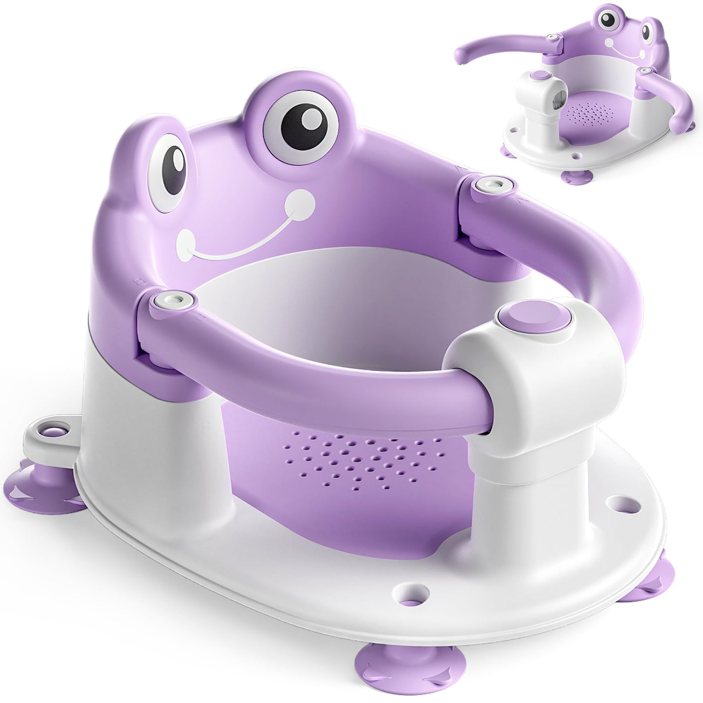 AGOGOLIFE Baby Bath Seat with Safety Lock & Adjustable Handle, Frog Design Infant Tub Chair with Anti-Slip Suction Cups & Soft Cushion – Suitable for Babies 6–18 Months Purple