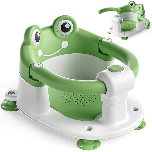 AGOGOLIFE Baby Bath Seat with Safety Lock & Adjustable Handle, Frog Design Infant Tub Chair with Anti-Slip Suction Cups & Soft Cushion – Suitable for Babies 6–18 Months Green