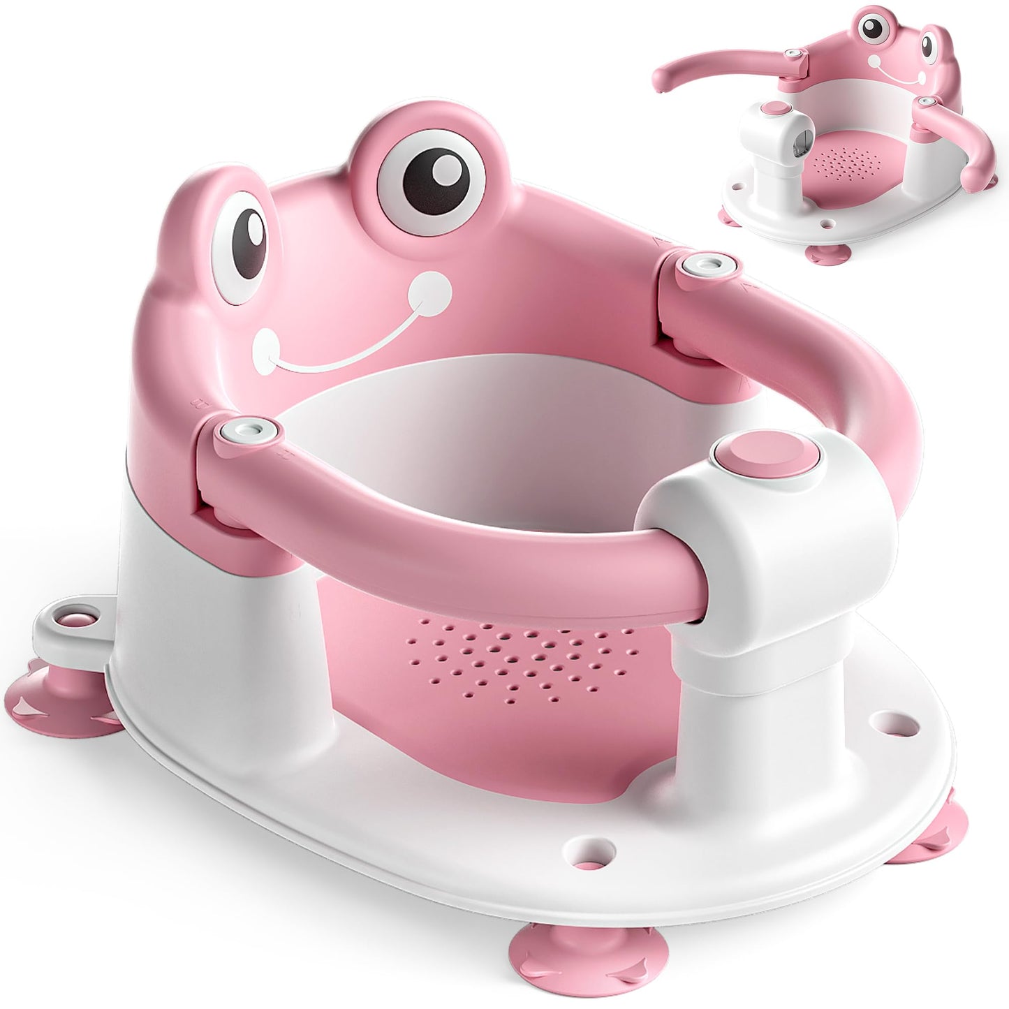 AGOGOLIFE Baby Bath Seat with Safety Lock & Adjustable Handle, Frog Design Infant Tub Chair with Anti-Slip Suction Cups & Soft Cushion – Suitable for Babies 6–18 Months Pink