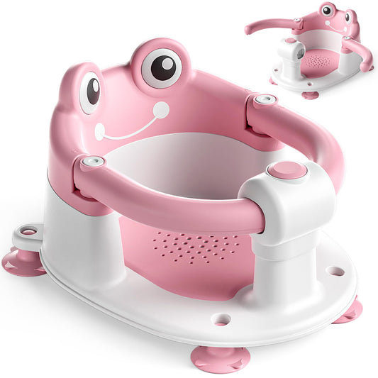 AGOGOLIFE Baby Bath Seat with Safety Lock & Adjustable Handle, Frog Design Infant Tub Chair with Anti-Slip Suction Cups & Soft Cushion – Suitable for Babies 6–18 Months Pink