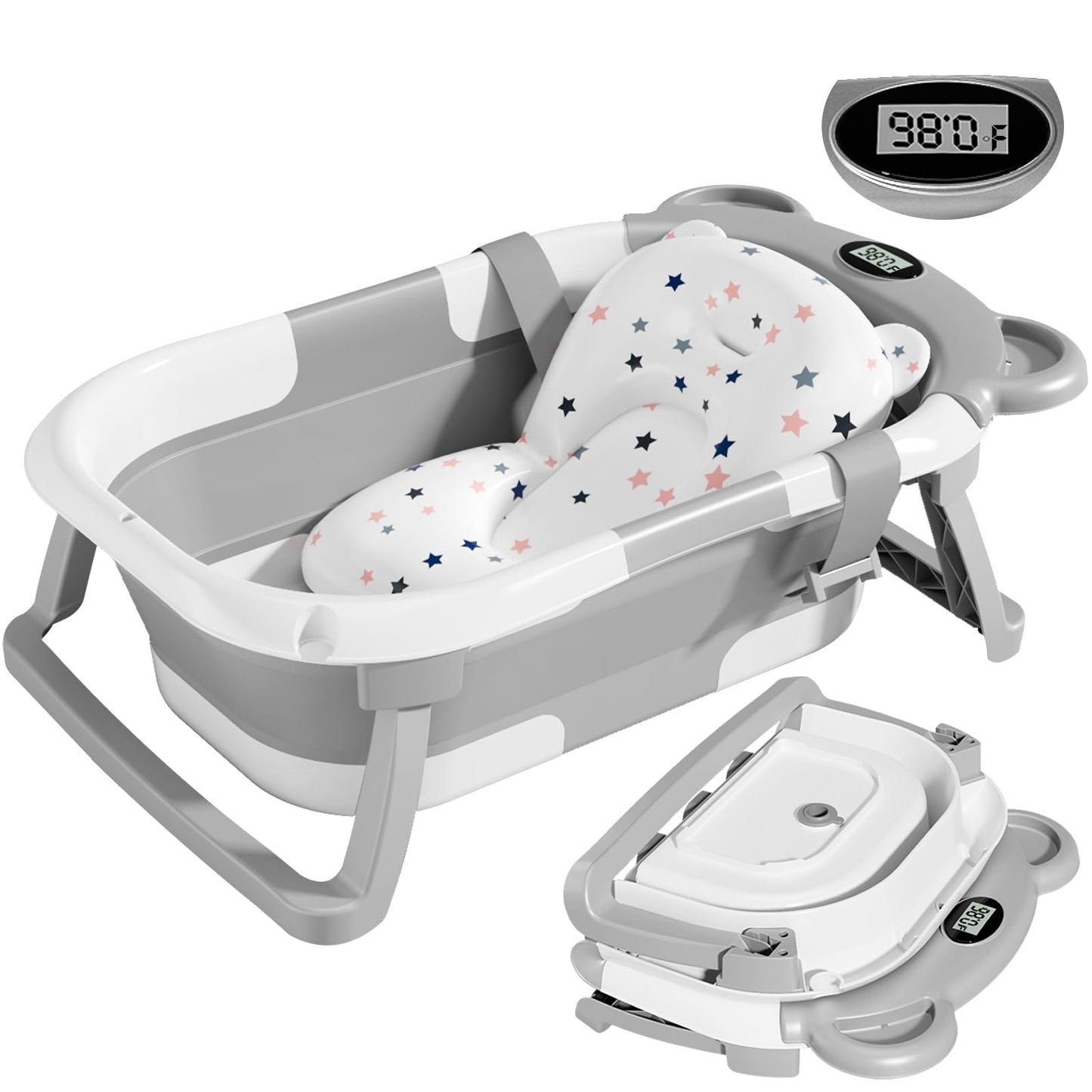 Collapsible Baby Bathtub for Infants to Toddler with Real-time Temp Monitor+Floating Cushion,Foldable Baby Bath Tub Set Applicable 0-36 Month,Perfect Portable Travel Baby Tub for Newborns Boy