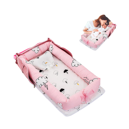 AGOGOLIFE Pink Cloud Baby Lounger – Portable Newborn Nest with Pillow & Foldable Mattress, Soft Cotton Crib for Travel or Home
