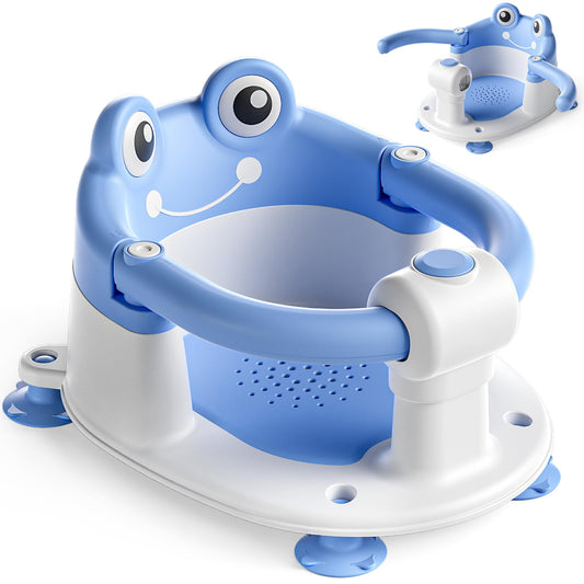 AGOGOLIFE Baby Bath Seat with Safety Lock & Adjustable Handle, Frog Design Infant Tub Chair with Anti-Slip Suction Cups & Soft Cushion – Suitable for Babies 6–18 Months Blue