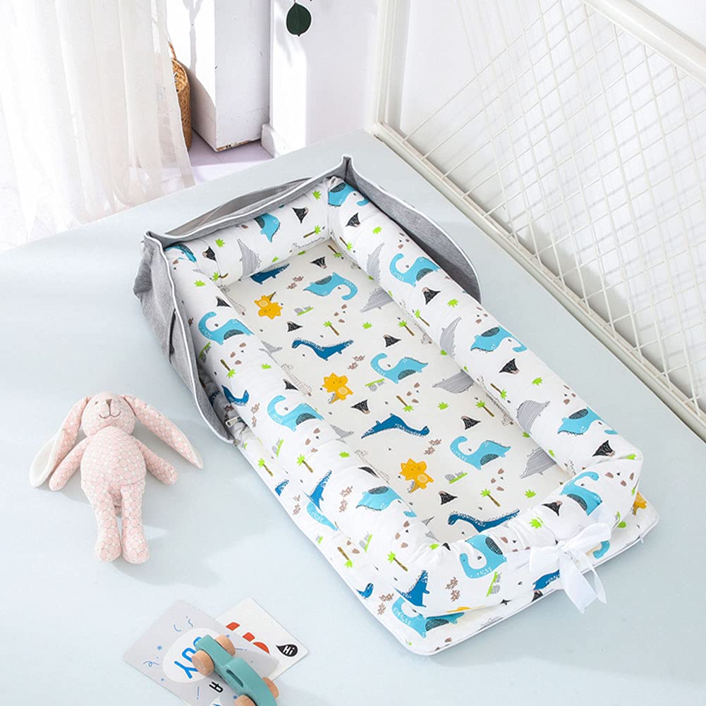 AGOGOLIFE Blue Ocean Baby Lounger – Portable Newborn Nest with Pillow & Foldable Mattress, Soft Cotton Crib for Travel or Home