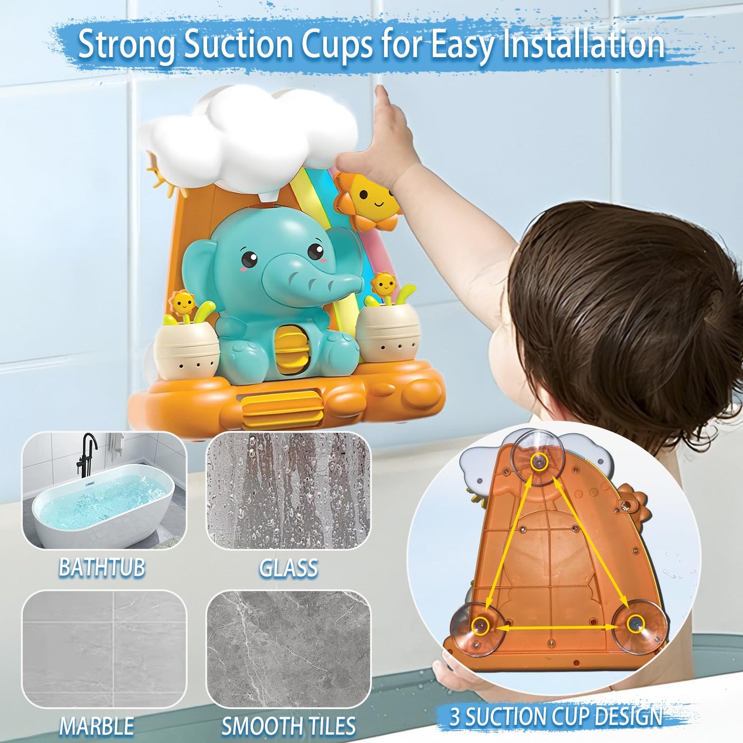 🐘 Elephant Waterfall Bath Toy – Rain Shower Sensory Toy for Toddlers with Suction Cups, Spinning Wheels & Cloud Pour