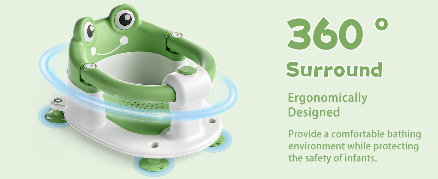 AGOGOLIFE Baby Bath Seat with Safety Lock & Adjustable Handle, Frog Design Infant Tub Chair with Anti-Slip Suction Cups & Soft Cushion – Suitable for Babies 6–18 Months Green