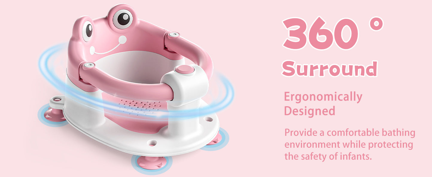 AGOGOLIFE Baby Bath Seat with Safety Lock & Adjustable Handle, Frog Design Infant Tub Chair with Anti-Slip Suction Cups & Soft Cushion – Suitable for Babies 6–18 Months Pink