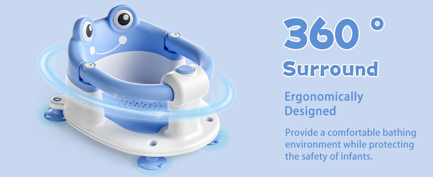 AGOGOLIFE Baby Bath Seat with Safety Lock & Adjustable Handle, Frog Design Infant Tub Chair with Anti-Slip Suction Cups & Soft Cushion – Suitable for Babies 6–18 Months Blue