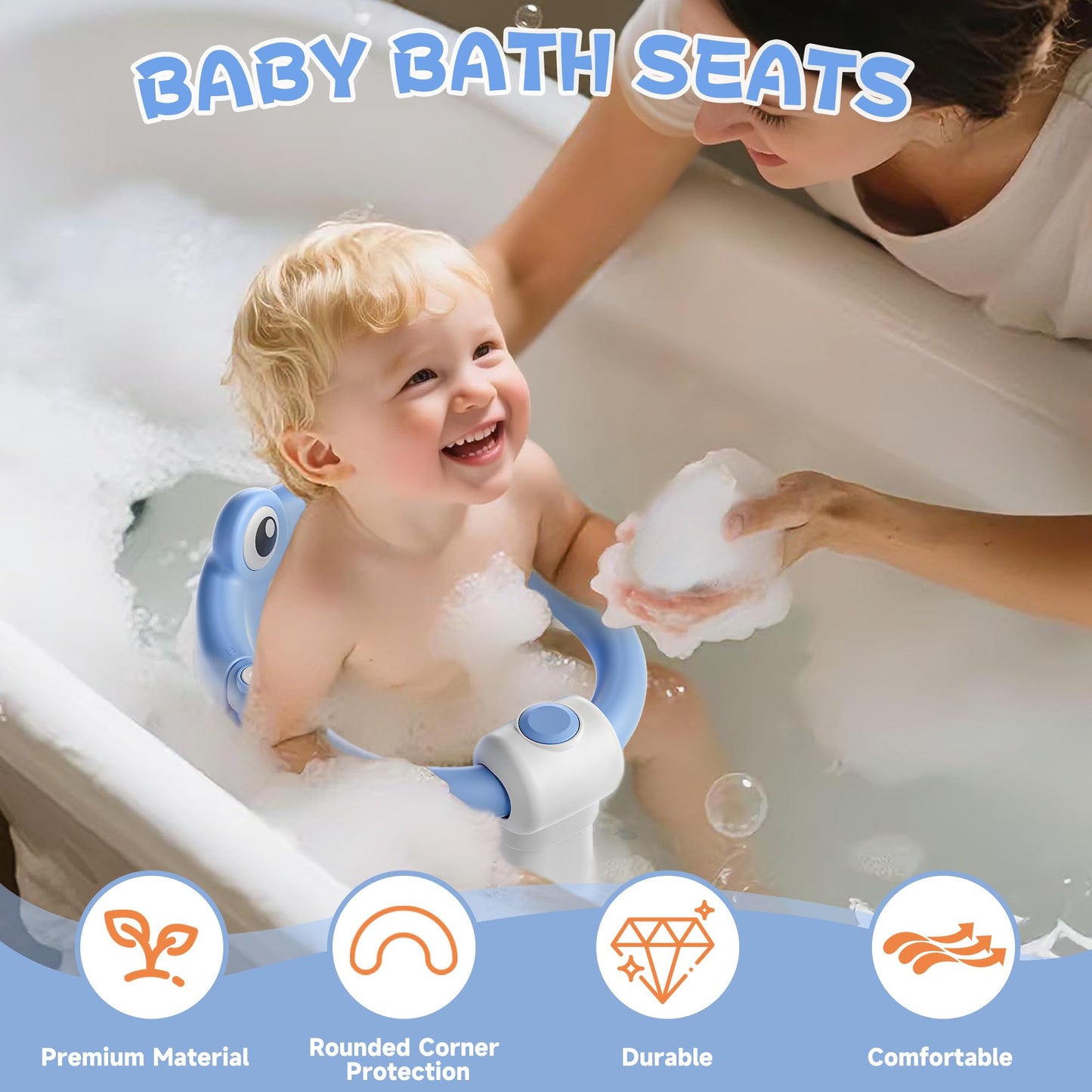 AGOGOLIFE Baby Bath Seat with Safety Lock & Adjustable Handle, Frog Design Infant Tub Chair with Anti-Slip Suction Cups & Soft Cushion – Suitable for Babies 6–18 Months Blue