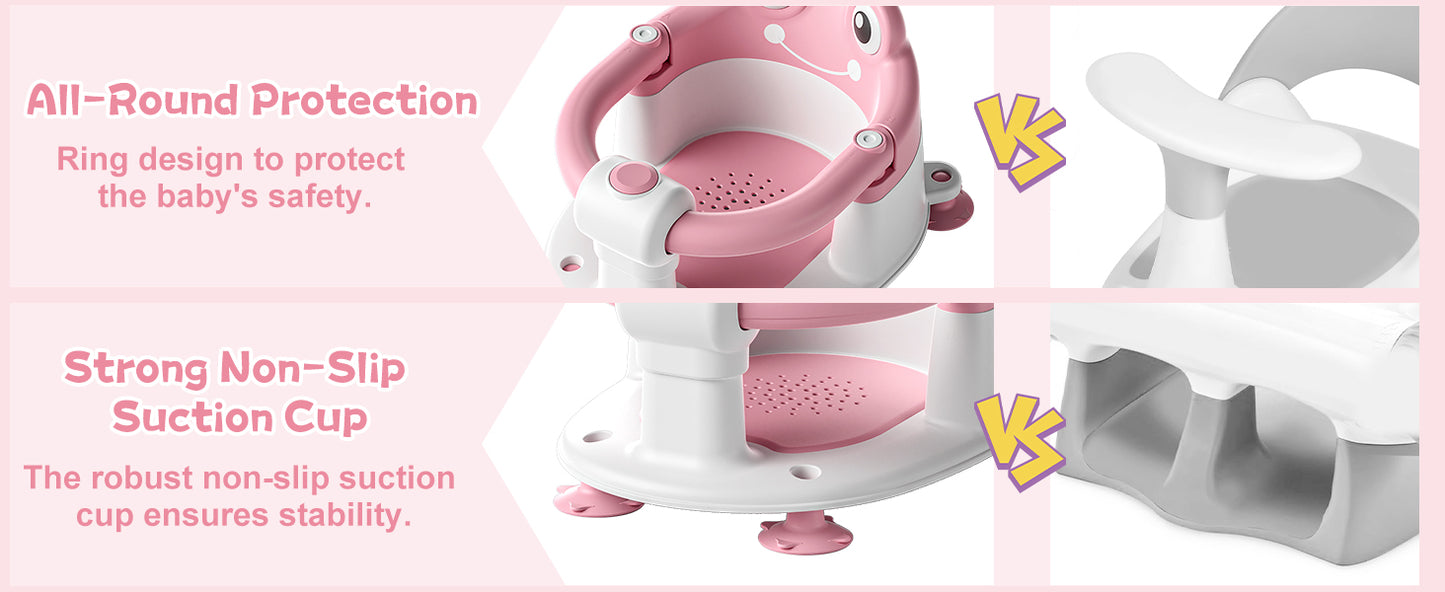 AGOGOLIFE Baby Bath Seat with Safety Lock & Adjustable Handle, Frog Design Infant Tub Chair with Anti-Slip Suction Cups & Soft Cushion – Suitable for Babies 6–18 Months Pink