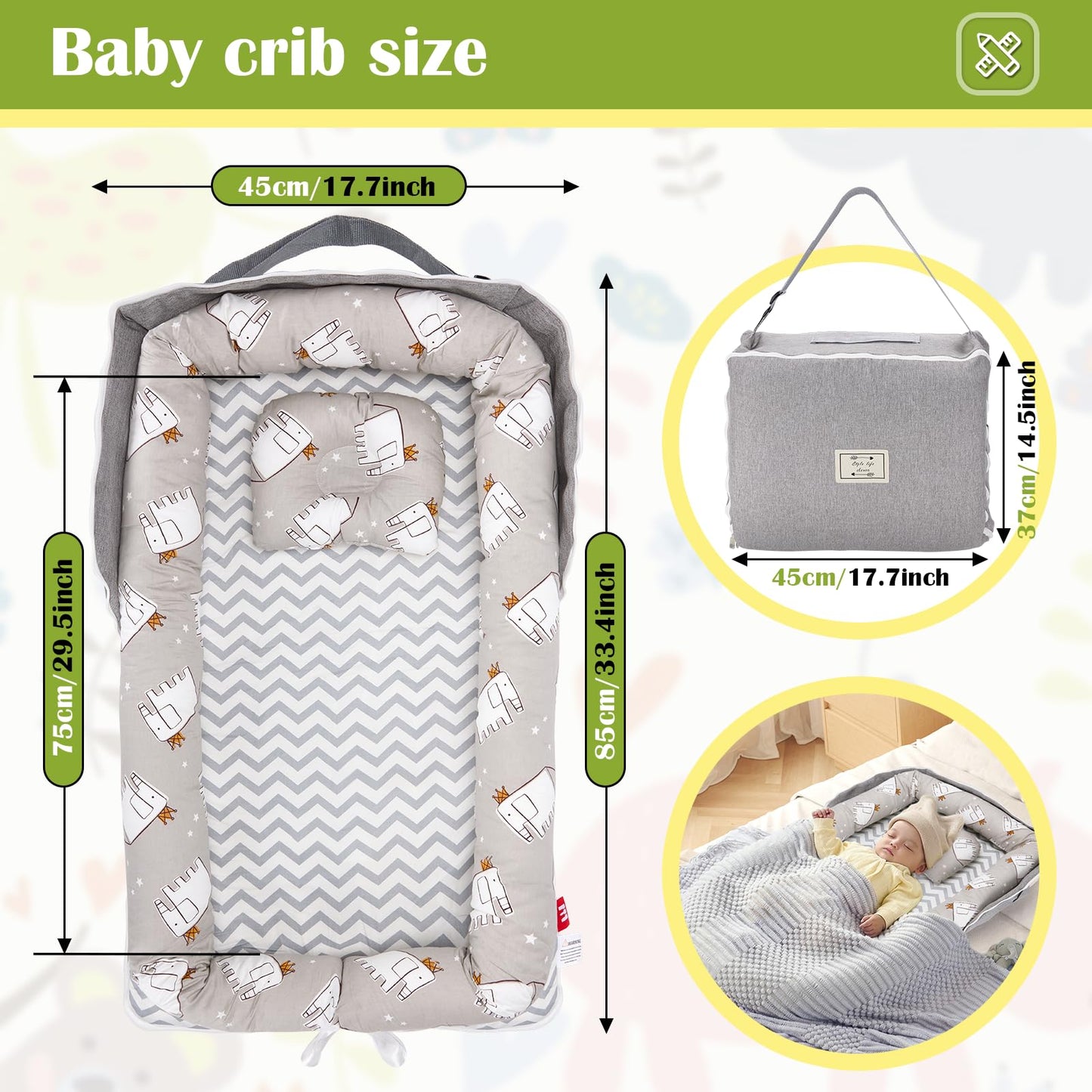 AGOGOLIFE Grey Chicken Chevron Baby Lounger – Portable Infant Nest with Pillow, Travel Bag & Mattress – 100% Cotton, Breathable, Washable