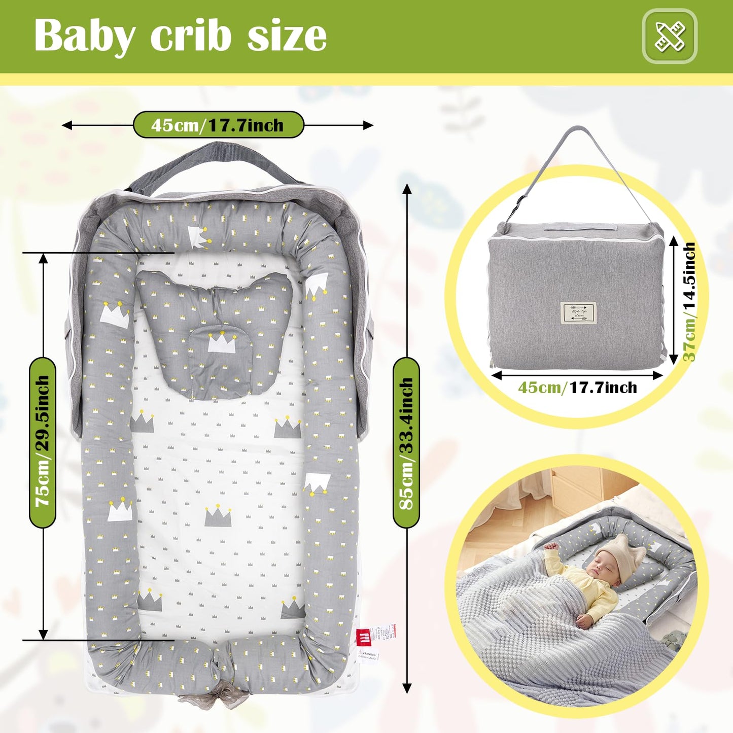 AGOGOLIFE Baby Lounger with Pillow – Portable Infant Nest, Soft Breathable 100% Cotton Baby Nest for Newborns – Adjustable Co-Sleeping Crib with Travel Bag – Grey Crown Design