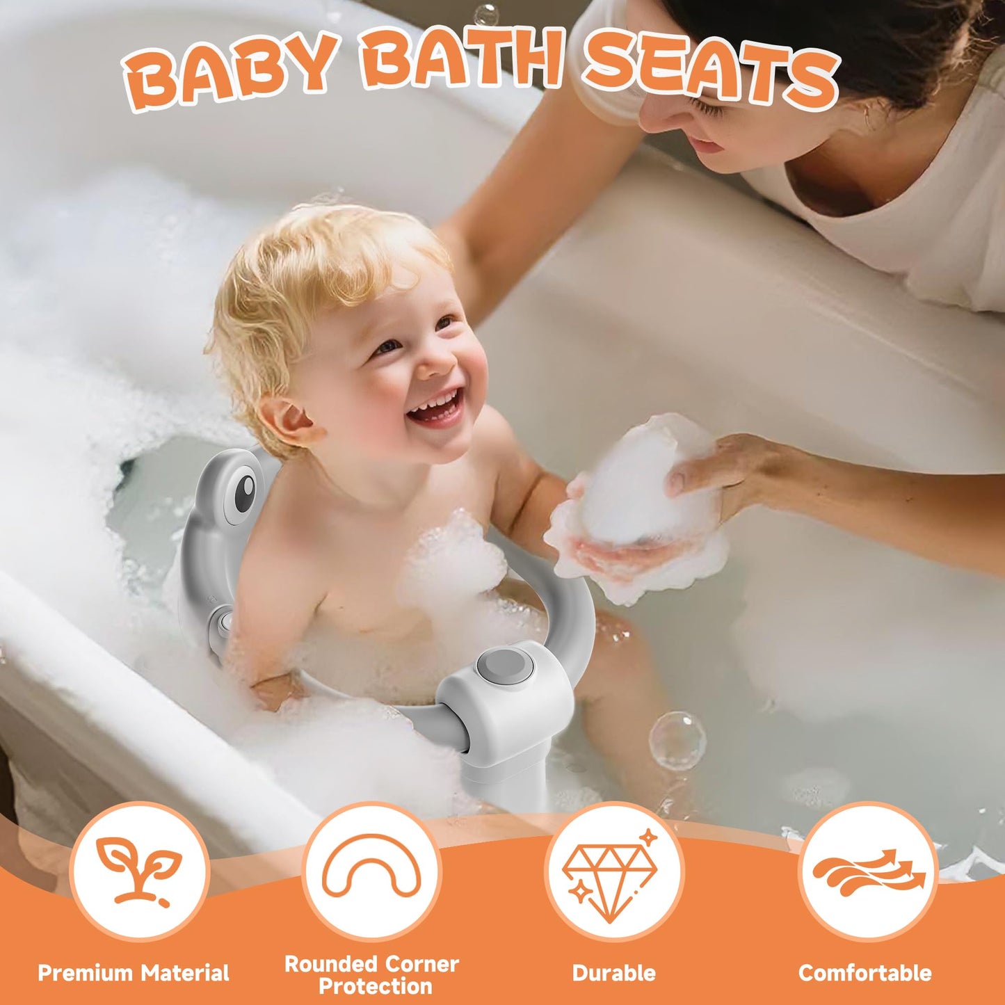 AGOGOLIFE Baby Bath Seat with Safety Lock & Adjustable Handle, Frog Design Infant Tub Chair with Anti-Slip Suction Cups & Soft Cushion – Suitable for Babies 6–18 Months Grey