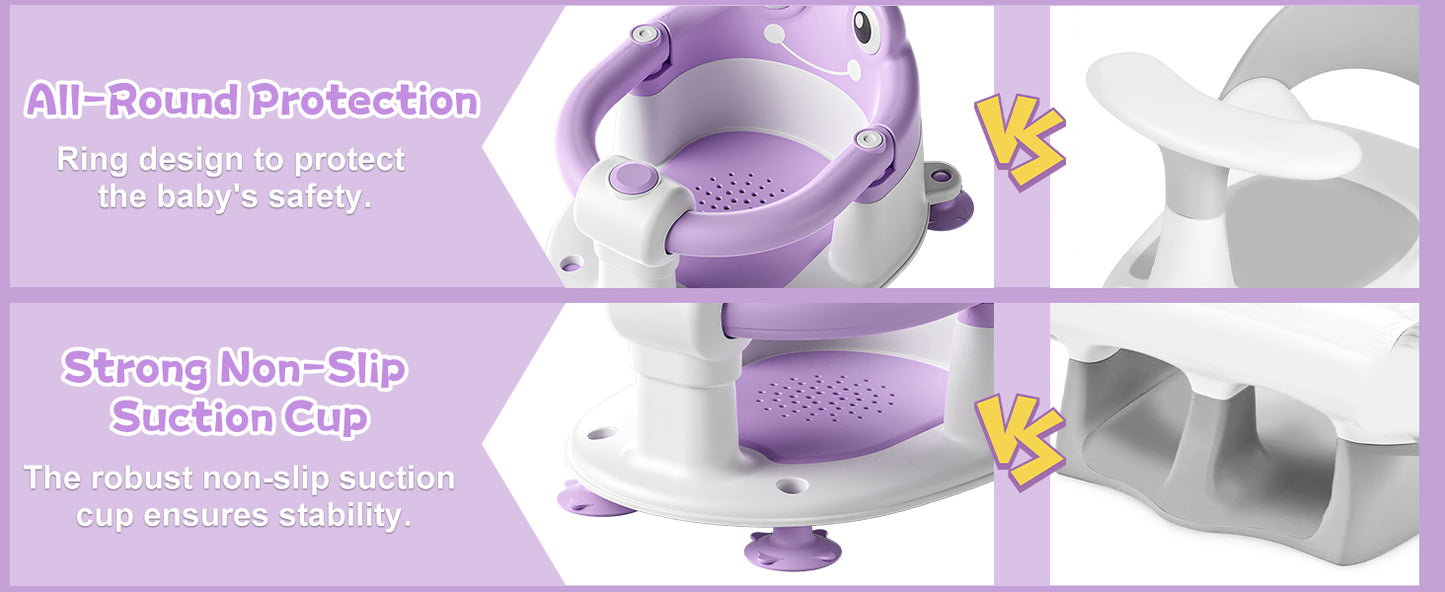 AGOGOLIFE Baby Bath Seat with Safety Lock & Adjustable Handle, Frog Design Infant Tub Chair with Anti-Slip Suction Cups & Soft Cushion – Suitable for Babies 6–18 Months Purple