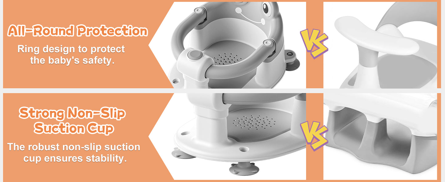 AGOGOLIFE Baby Bath Seat with Safety Lock & Adjustable Handle, Frog Design Infant Tub Chair with Anti-Slip Suction Cups & Soft Cushion – Suitable for Babies 6–18 Months Grey