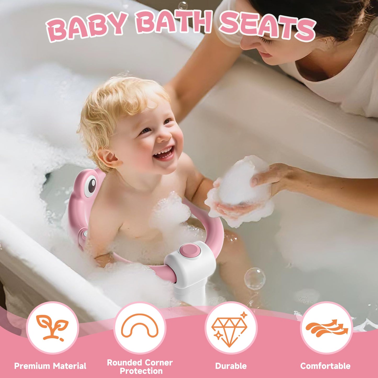 AGOGOLIFE Baby Bath Seat with Safety Lock & Adjustable Handle, Frog Design Infant Tub Chair with Anti-Slip Suction Cups & Soft Cushion – Suitable for Babies 6–18 Months Pink