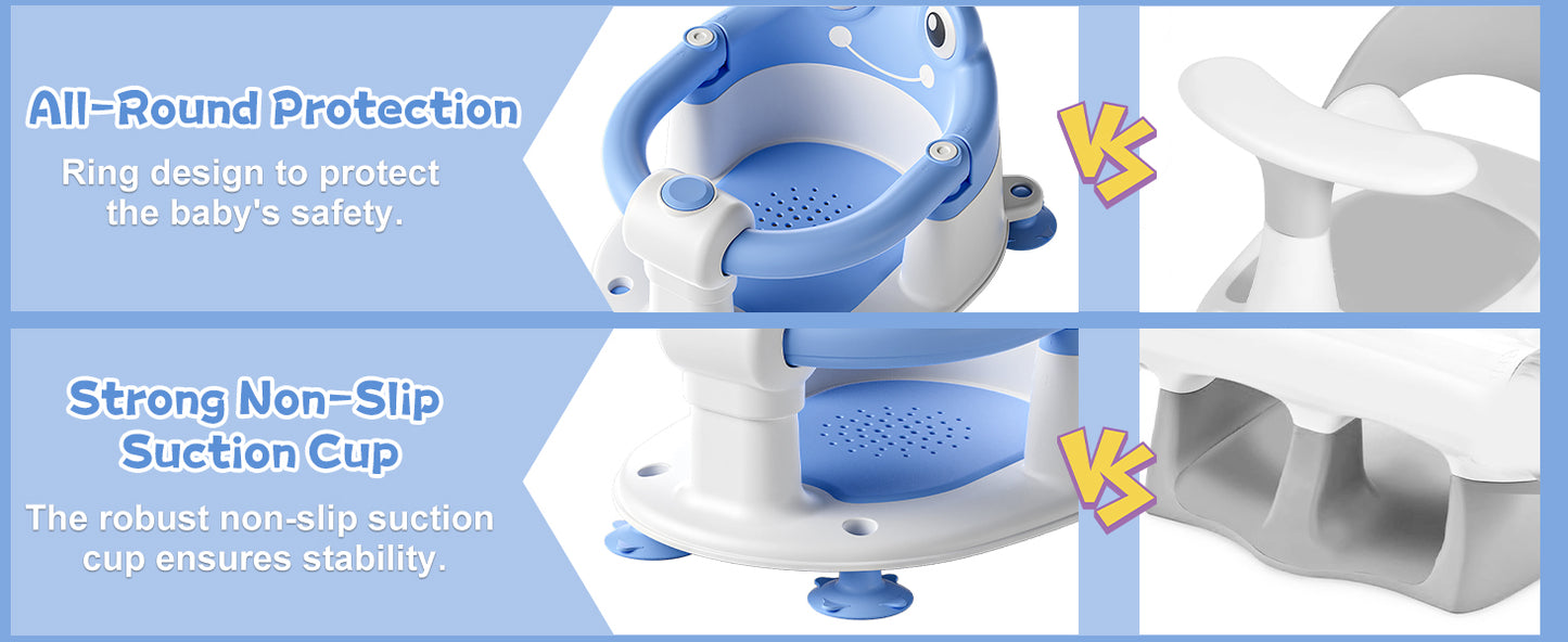 AGOGOLIFE Baby Bath Seat with Safety Lock & Adjustable Handle, Frog Design Infant Tub Chair with Anti-Slip Suction Cups & Soft Cushion – Suitable for Babies 6–18 Months Blue