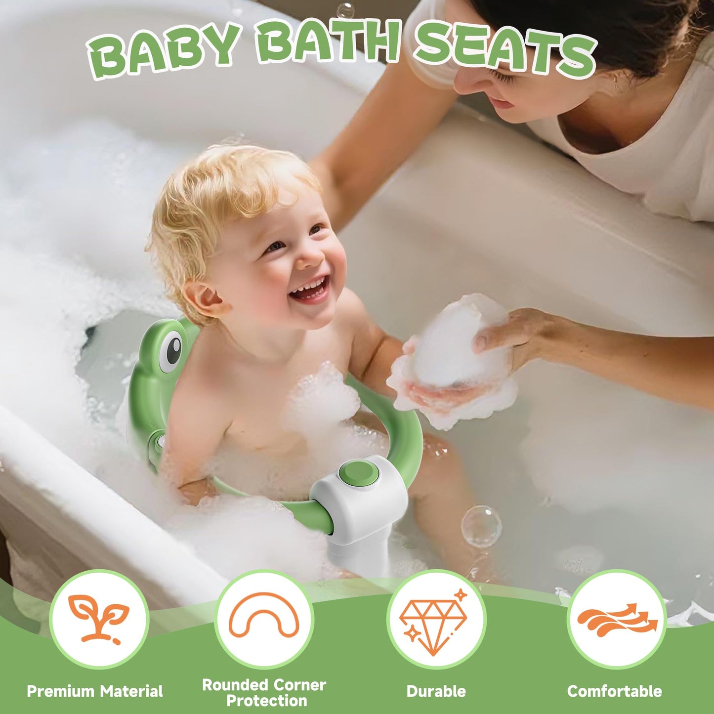 AGOGOLIFE Baby Bath Seat with Safety Lock & Adjustable Handle, Frog Design Infant Tub Chair with Anti-Slip Suction Cups & Soft Cushion – Suitable for Babies 6–18 Months Green