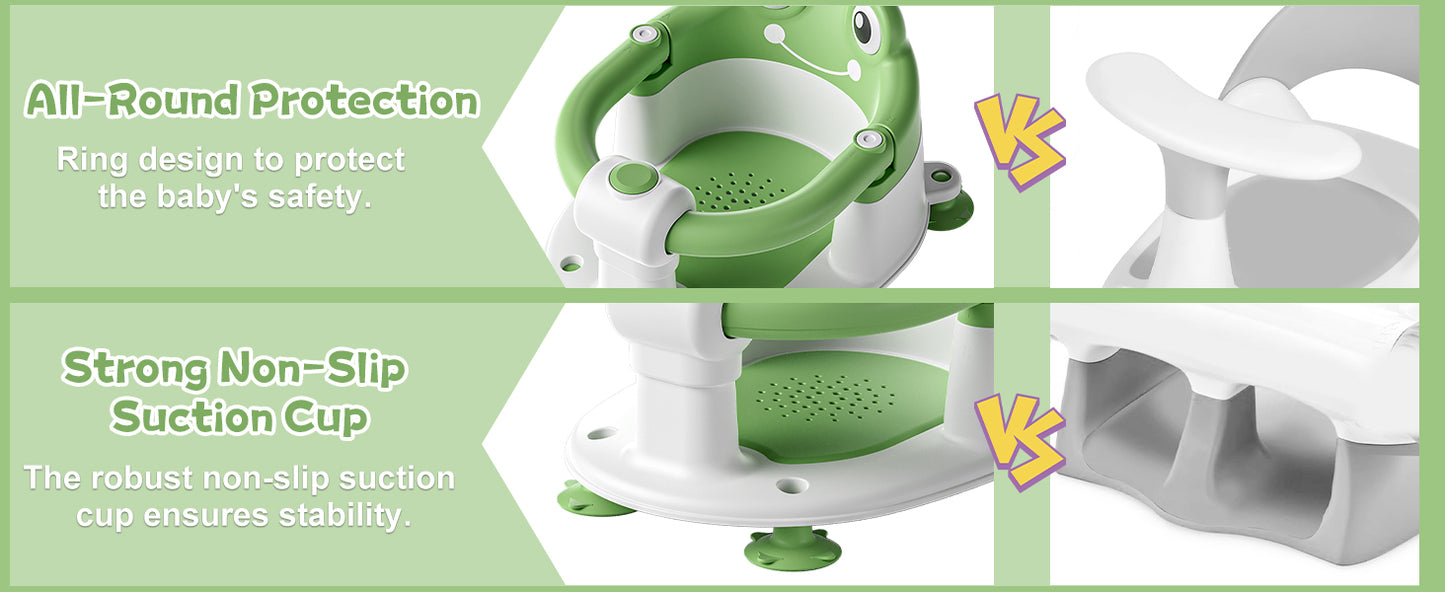 AGOGOLIFE Baby Bath Seat with Safety Lock & Adjustable Handle, Frog Design Infant Tub Chair with Anti-Slip Suction Cups & Soft Cushion – Suitable for Babies 6–18 Months Green