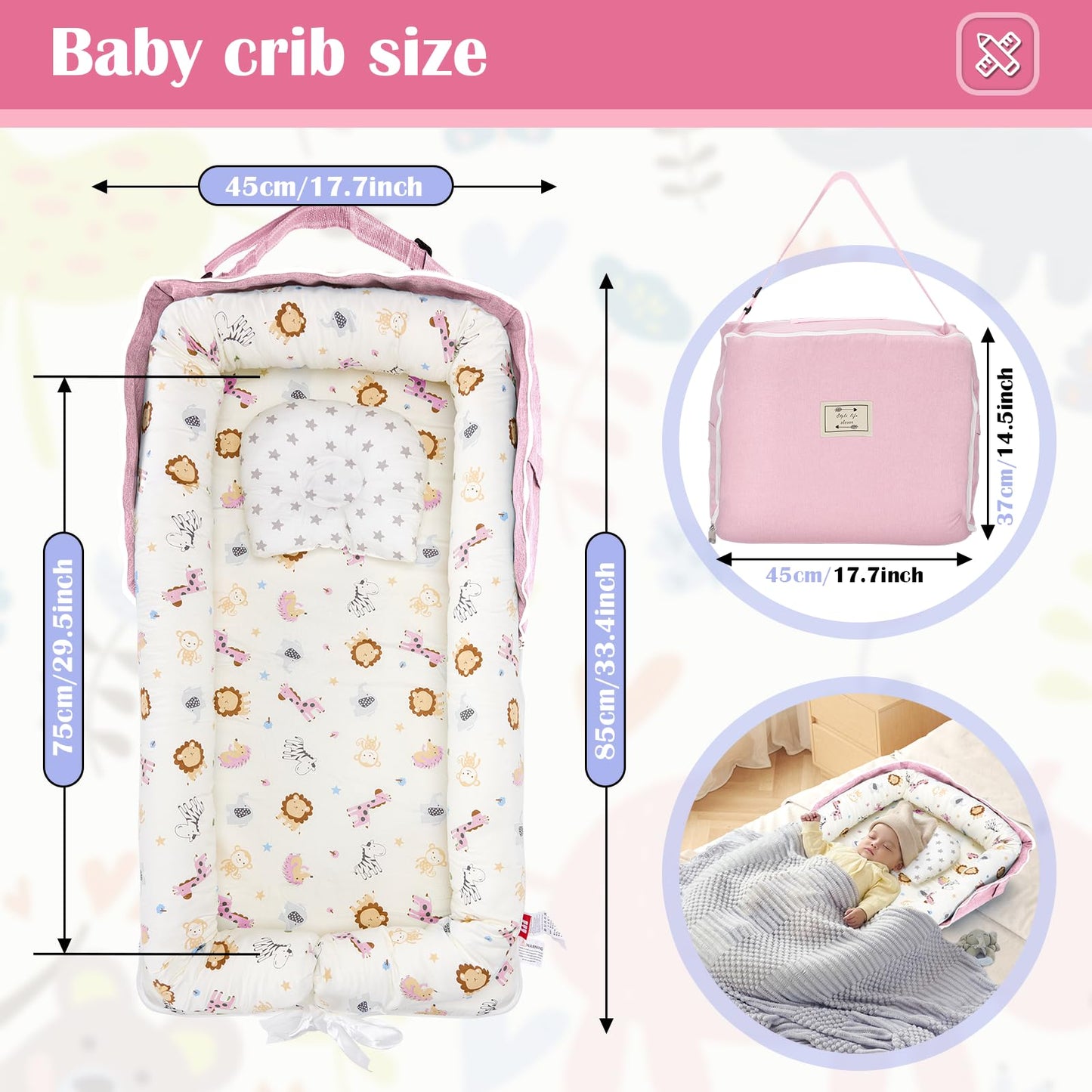 AGOGOLIFE Baby Lounger Nest for Newborn – Pink Safari Portable Infant Sleeper with Pillow, Folding Mattress & Travel Bag – Breathable, Soft Cotton Crib Cushion for 0-12 Months